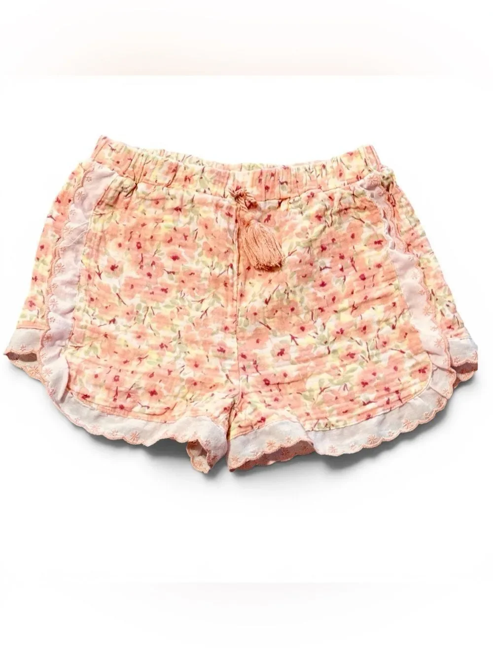 Bear Paw Girl’s Pull On Shorts Elastic Waist Floral Scalloped Hem Pink Green 10